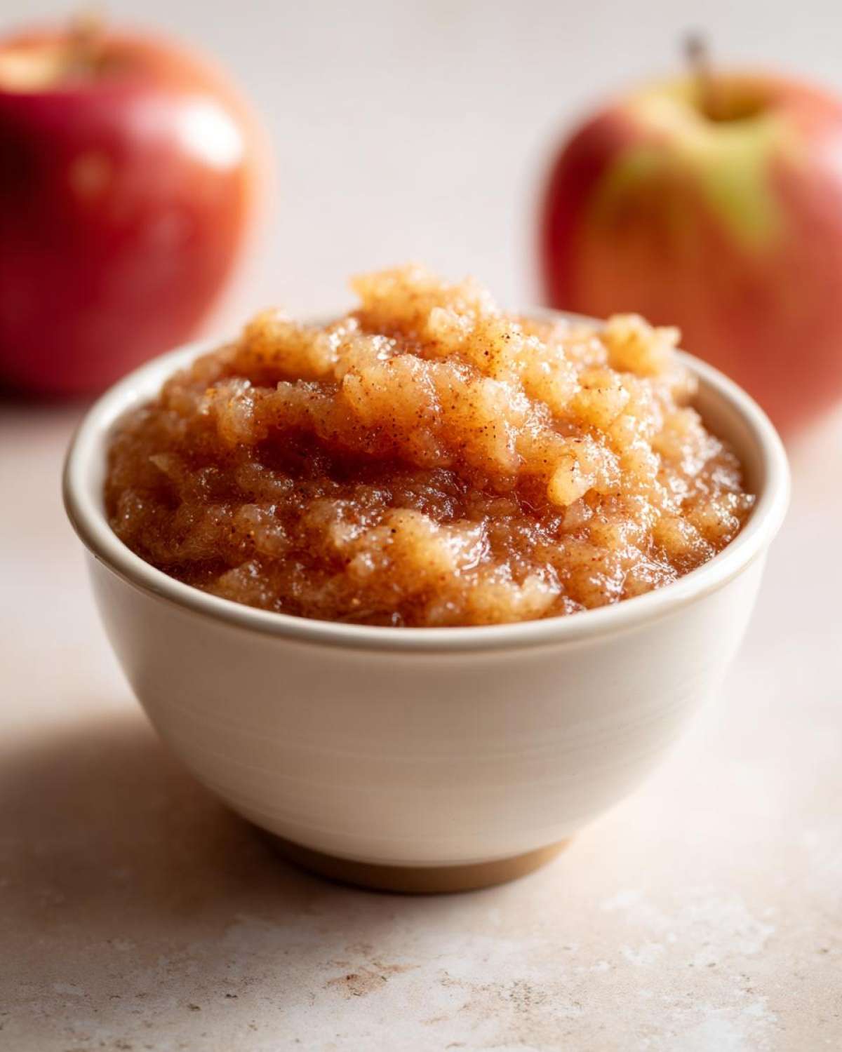 Close-up of chunky, cinnamon-spiced applesauce served in a small white bowl, with fresh red apples blurred in the background.