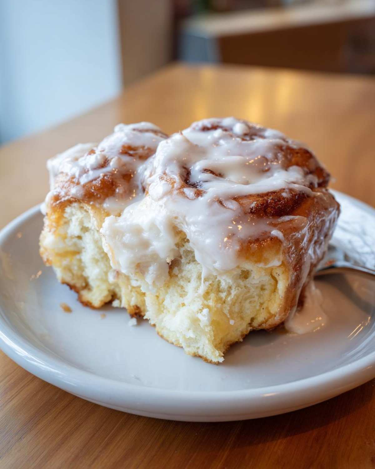 A close-up of a portion of fluffy Cinnamon roll casserole topped with thick white icing.