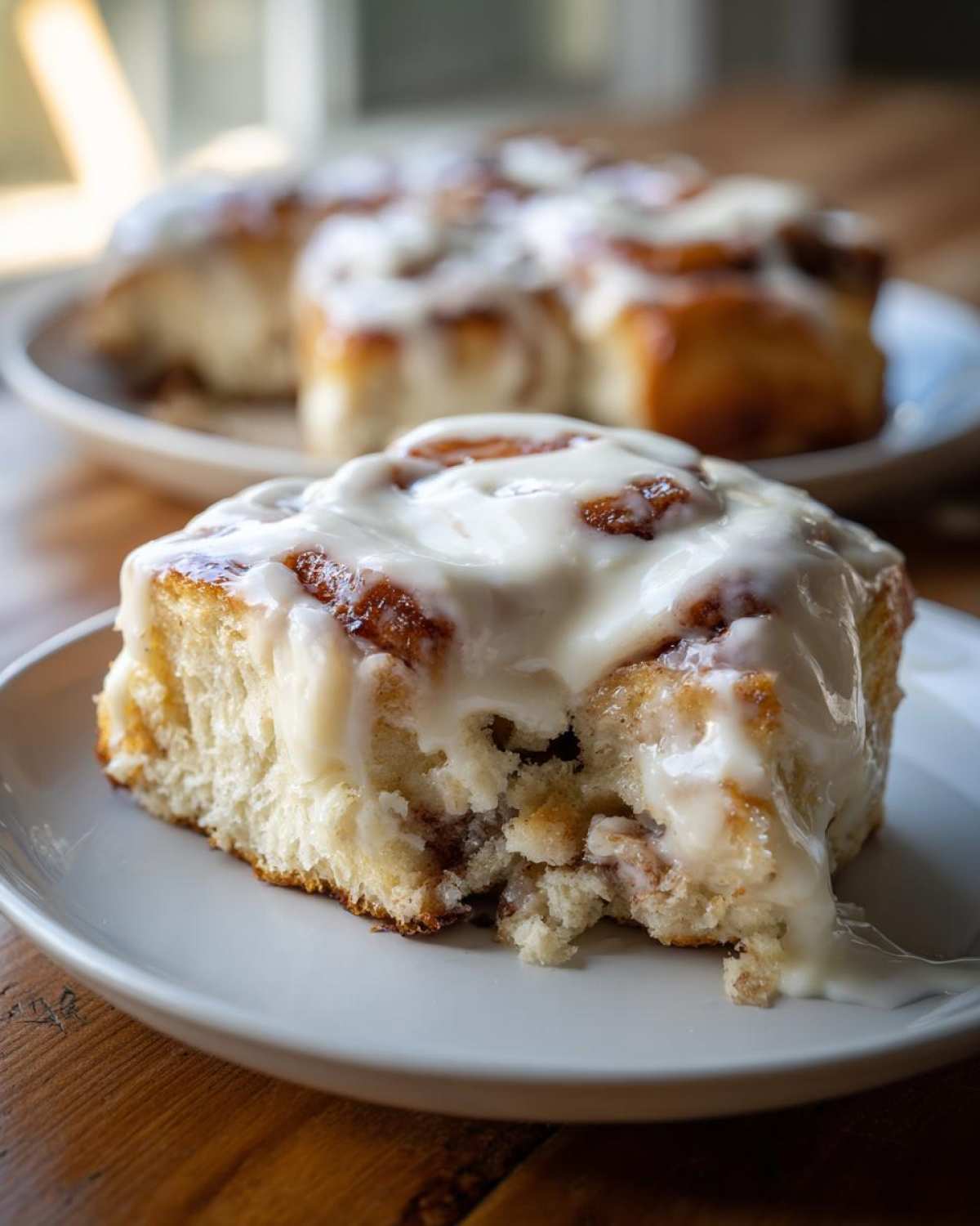 A close-up of a single, fluffy serving of cinnamon roll casserole topped with thick white icing.