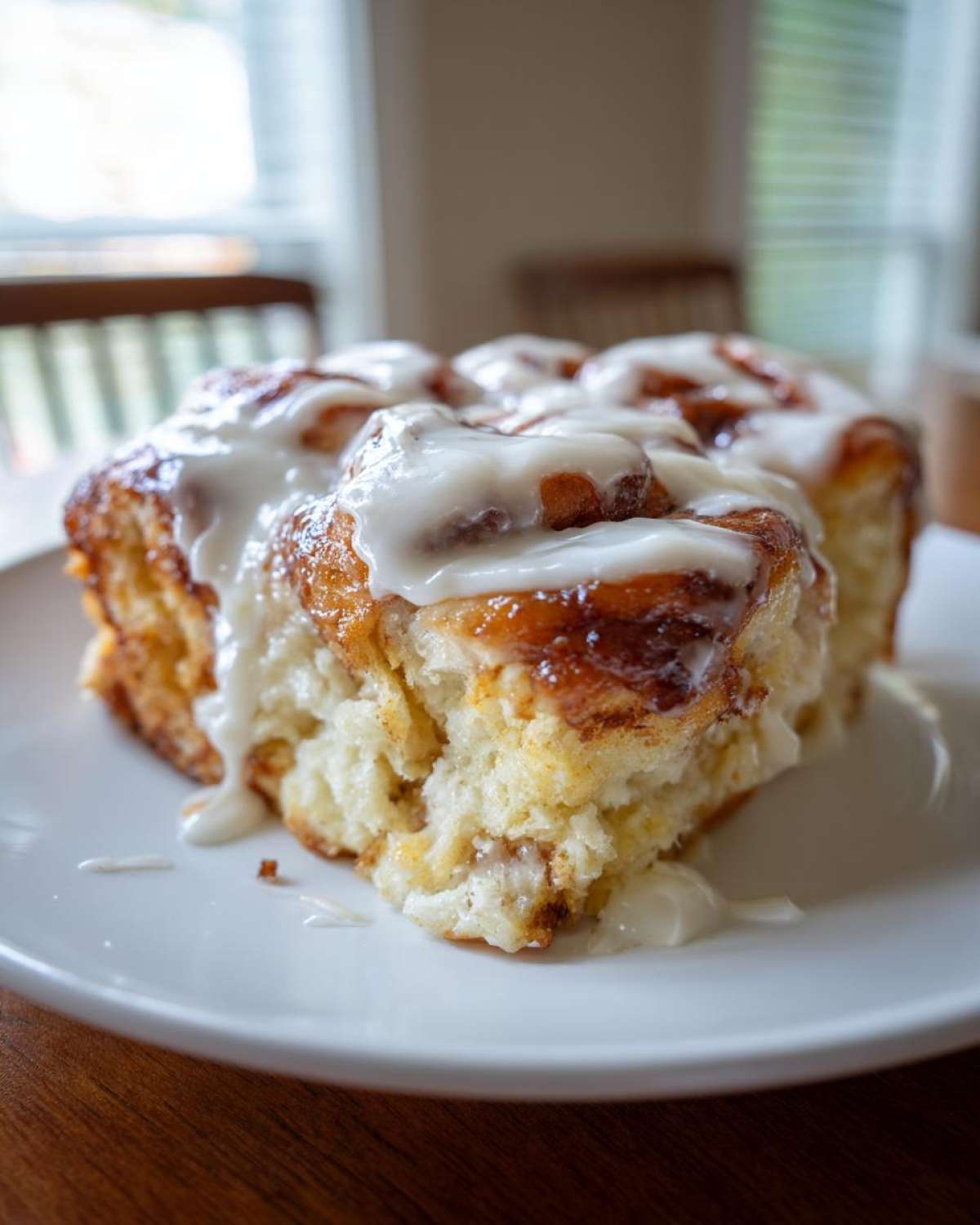 A close-up shot of a gooey, iced serving of cinnamon roll casserole on a white plate.