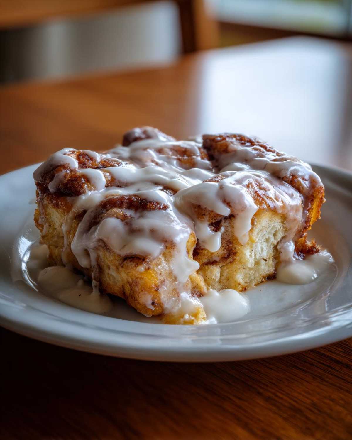 A close-up of a warm serving of cinnamon roll casserole topped generously with white cream cheese icing.