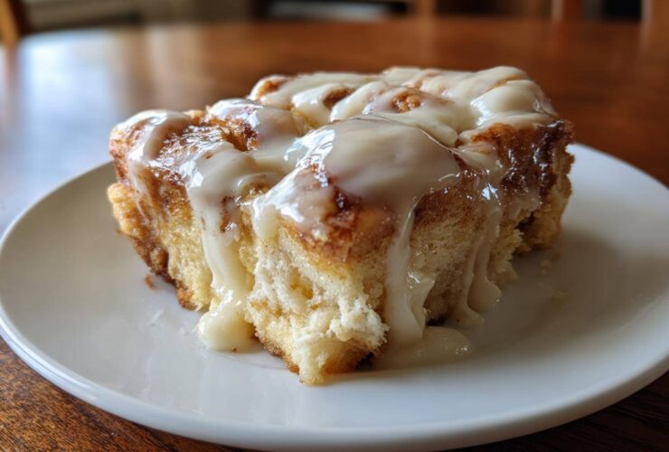A close-up of a gooey slice of cinnamon roll casserole topped with thick white icing.