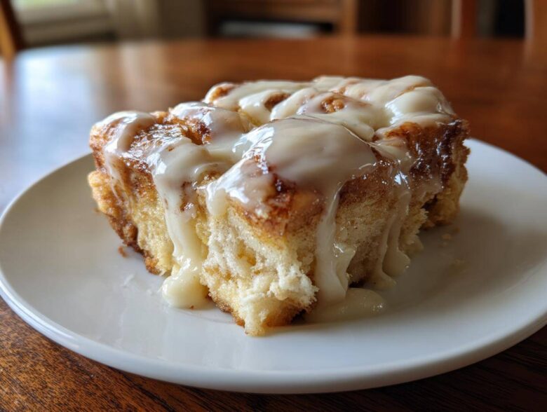 A close-up of a gooey slice of cinnamon roll casserole topped with thick white icing.
