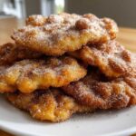 A close-up stack of golden brown buñuelos generously coated in cinnamon sugar on a white plate.