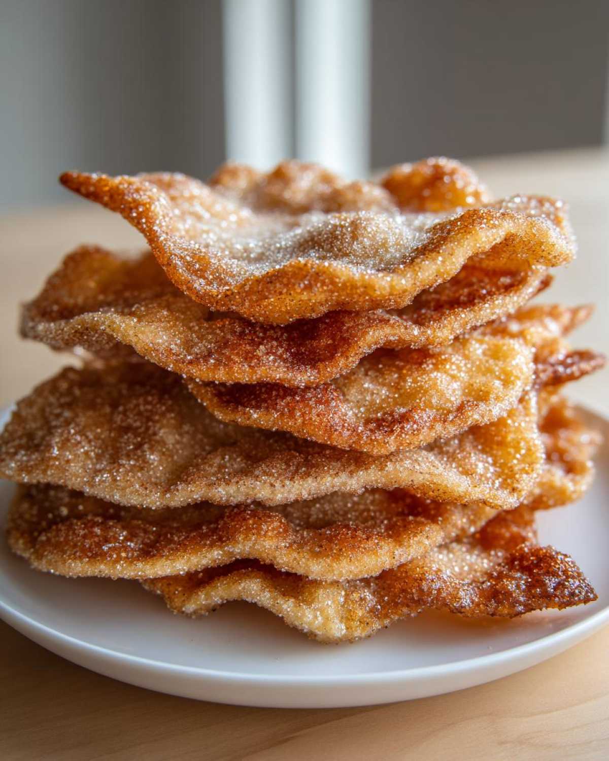 A tall stack of golden brown, crispy buñuelos generously coated in cinnamon sugar, resting on a white plate.