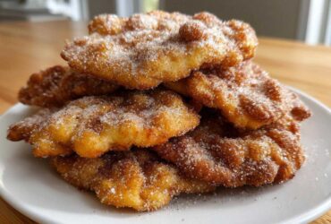 A close-up stack of golden brown buñuelos generously coated in cinnamon sugar on a white plate.