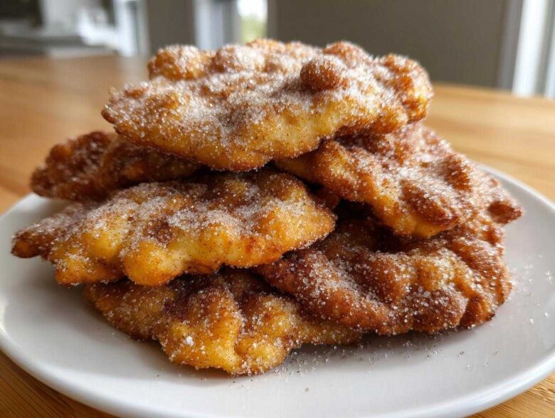 A close-up stack of golden brown buñuelos generously coated in cinnamon sugar on a white plate.