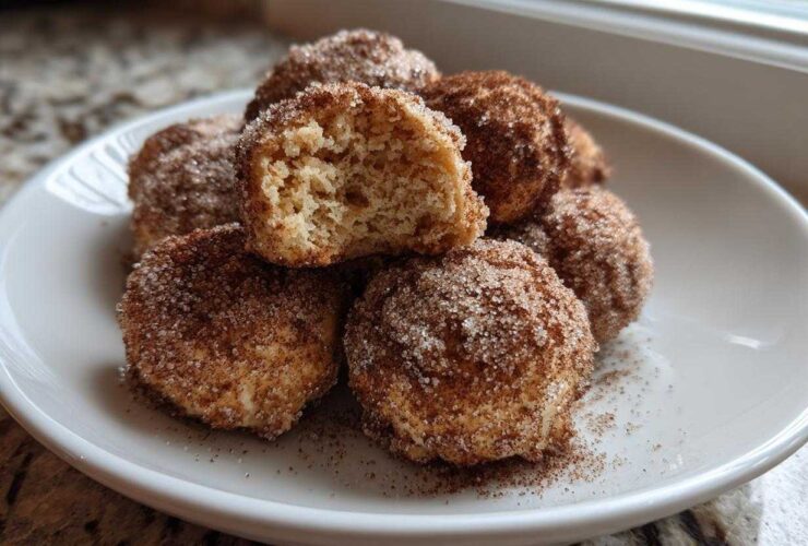 A stack of freshly made cinnamon sugar snowball cookies, one broken open showing the soft interior.