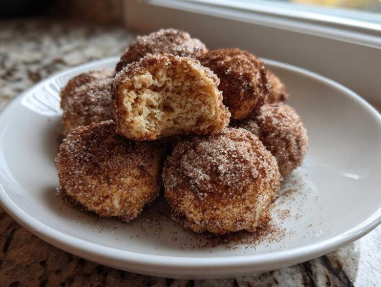 A stack of freshly made cinnamon sugar snowball cookies, one broken open showing the soft interior.