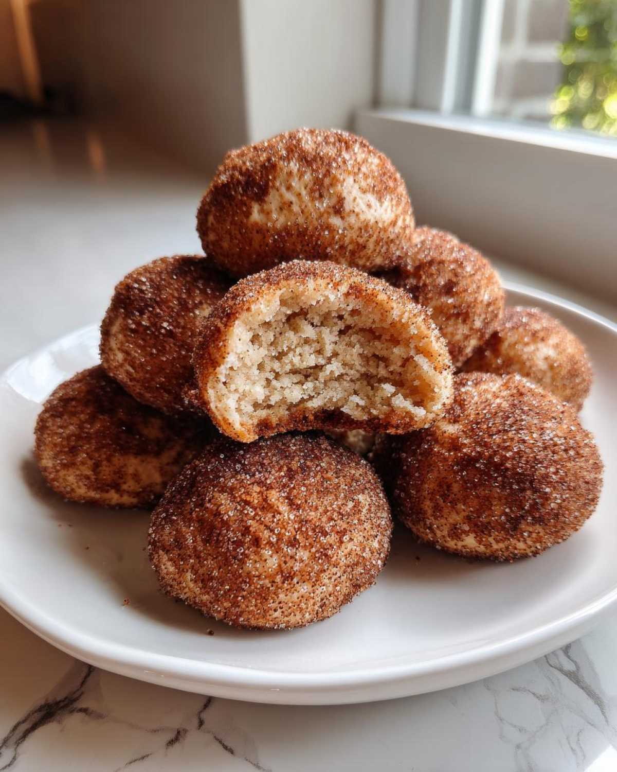 A stack of soft cinnamon sugar snowball cookies, one broken open showing the crumb texture.