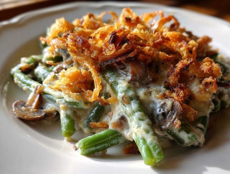 Close-up of a serving of classic green bean casserole topped with creamy sauce and crispy fried onions.