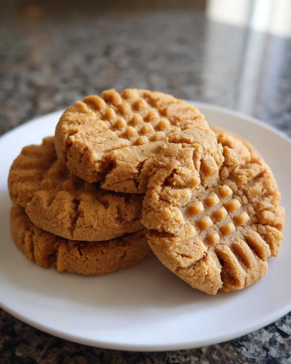 A close-up stack of four golden brown peanut butter cookies featuring the classic crisscross fork pattern, resting on a white plate.