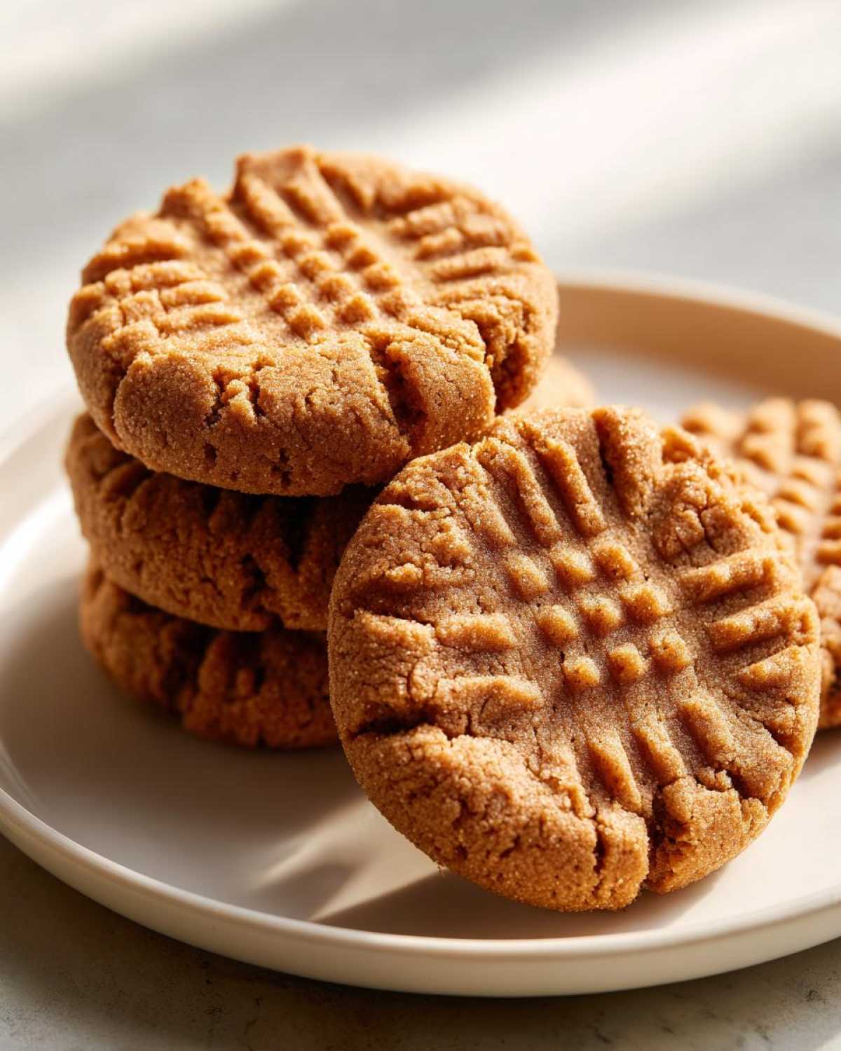 Close-up of a stack of tender peanut butter cookies showing the classic crosshatch fork marks on a light plate.