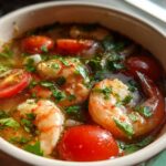 Close-up of a bowl filled with vibrant tom yum soup featuring large shrimp, halved cherry tomatoes, and fresh cilantro.