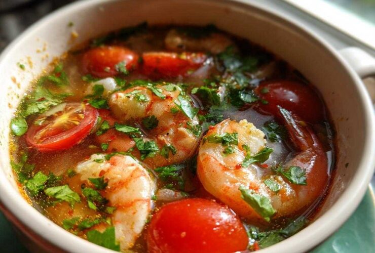 Close-up of a bowl filled with vibrant tom yum soup featuring large shrimp, halved cherry tomatoes, and fresh cilantro.