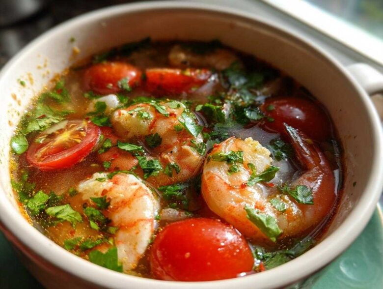 Close-up of a bowl filled with vibrant tom yum soup featuring large shrimp, halved cherry tomatoes, and fresh cilantro.