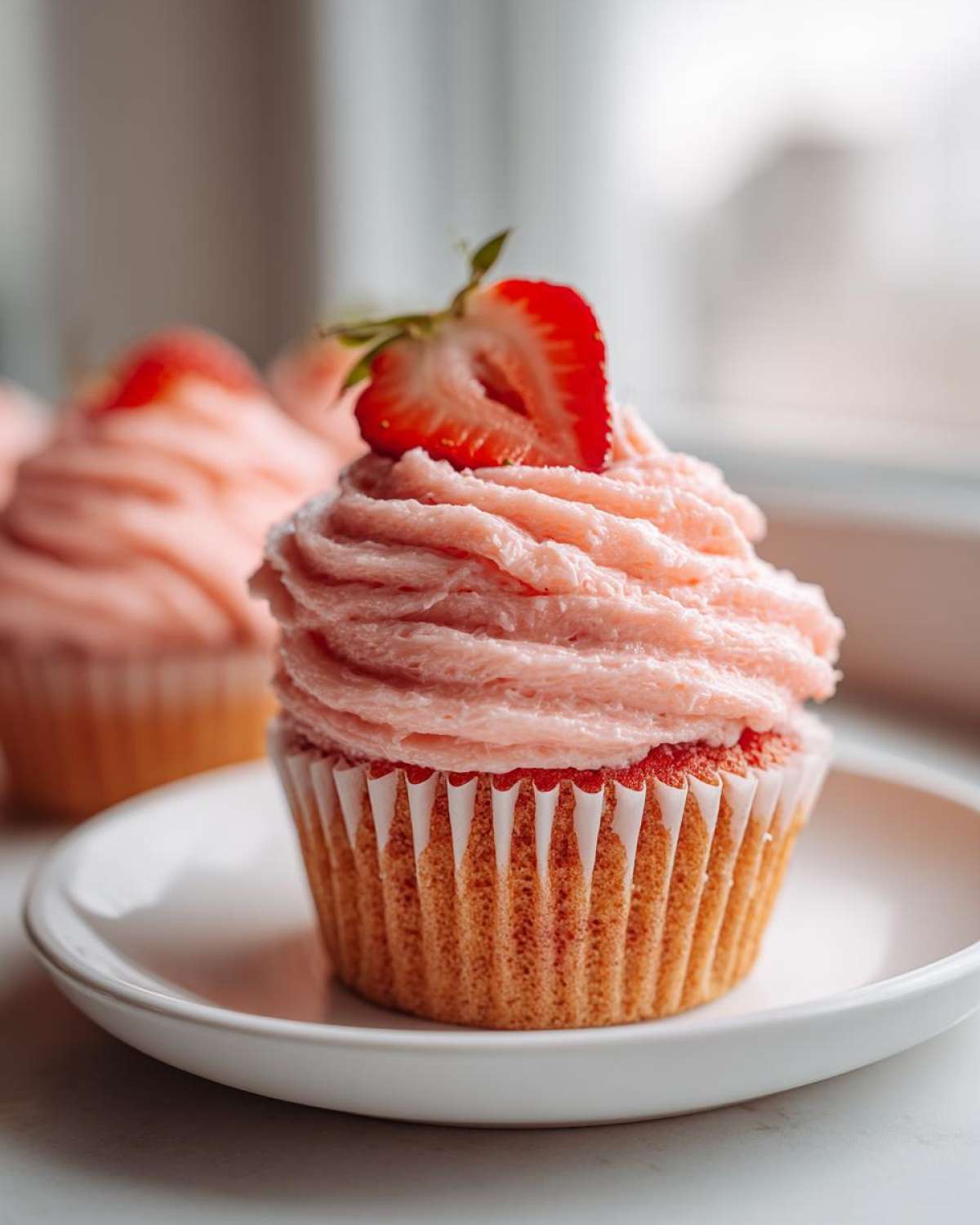 A close-up of a single strawberry cupcake with thick pink frosting, topped with a fresh strawberry slice.