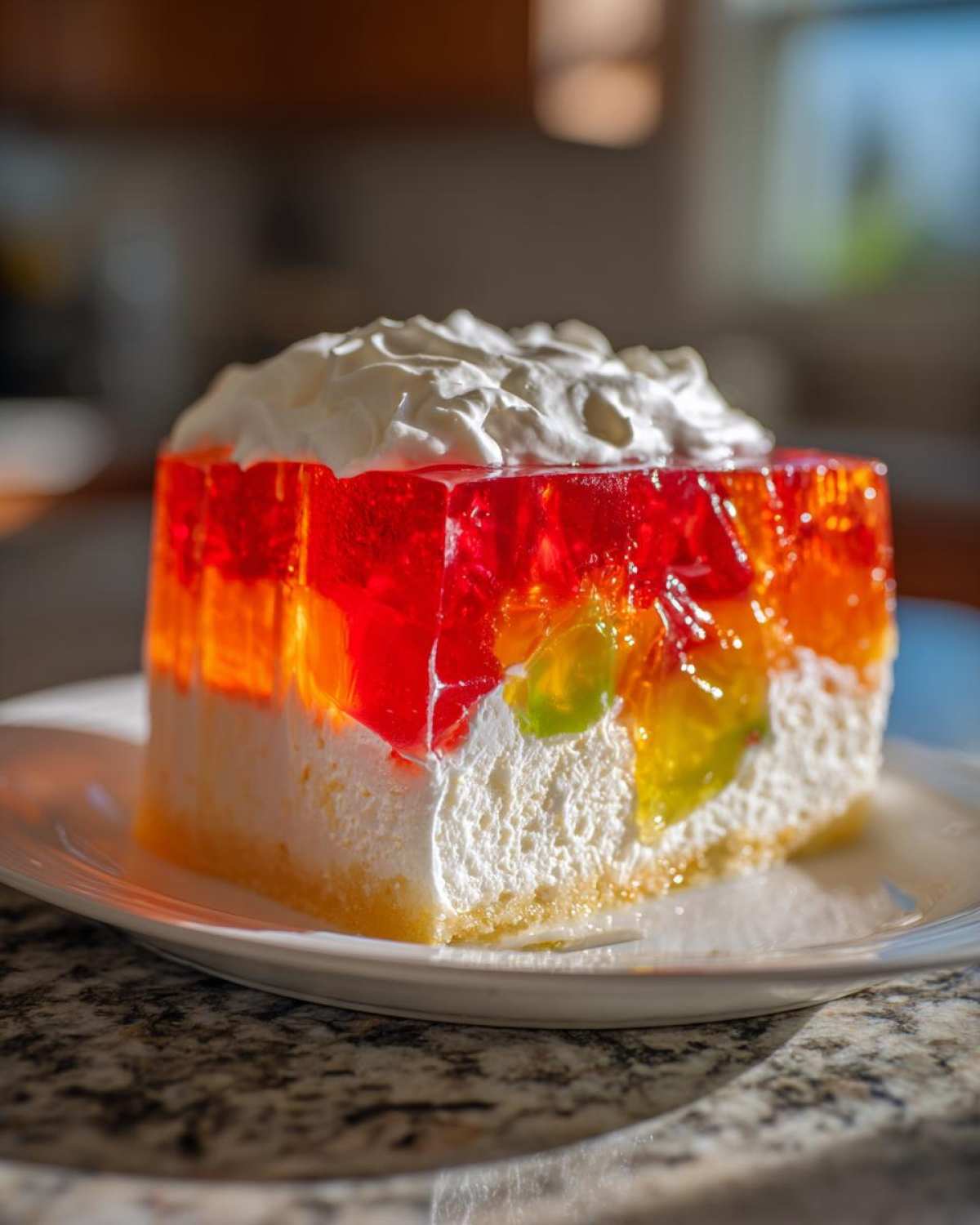A tall, colorful slice of jello poke cake featuring layers of bright red and orange gelatin over a white creamy layer, topped with whipped cream.