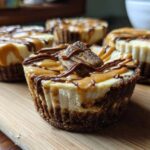 Close-up of a cookie butter cheesecake cup topped with caramel, chocolate drizzle, and a small cookie piece.