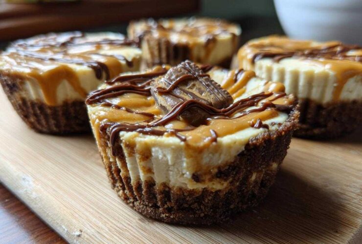 Close-up of a cookie butter cheesecake cup topped with caramel, chocolate drizzle, and a small cookie piece.
