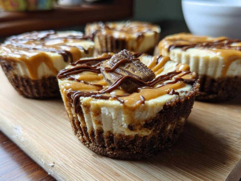 Close-up of a cookie butter cheesecake cup topped with caramel, chocolate drizzle, and a small cookie piece.