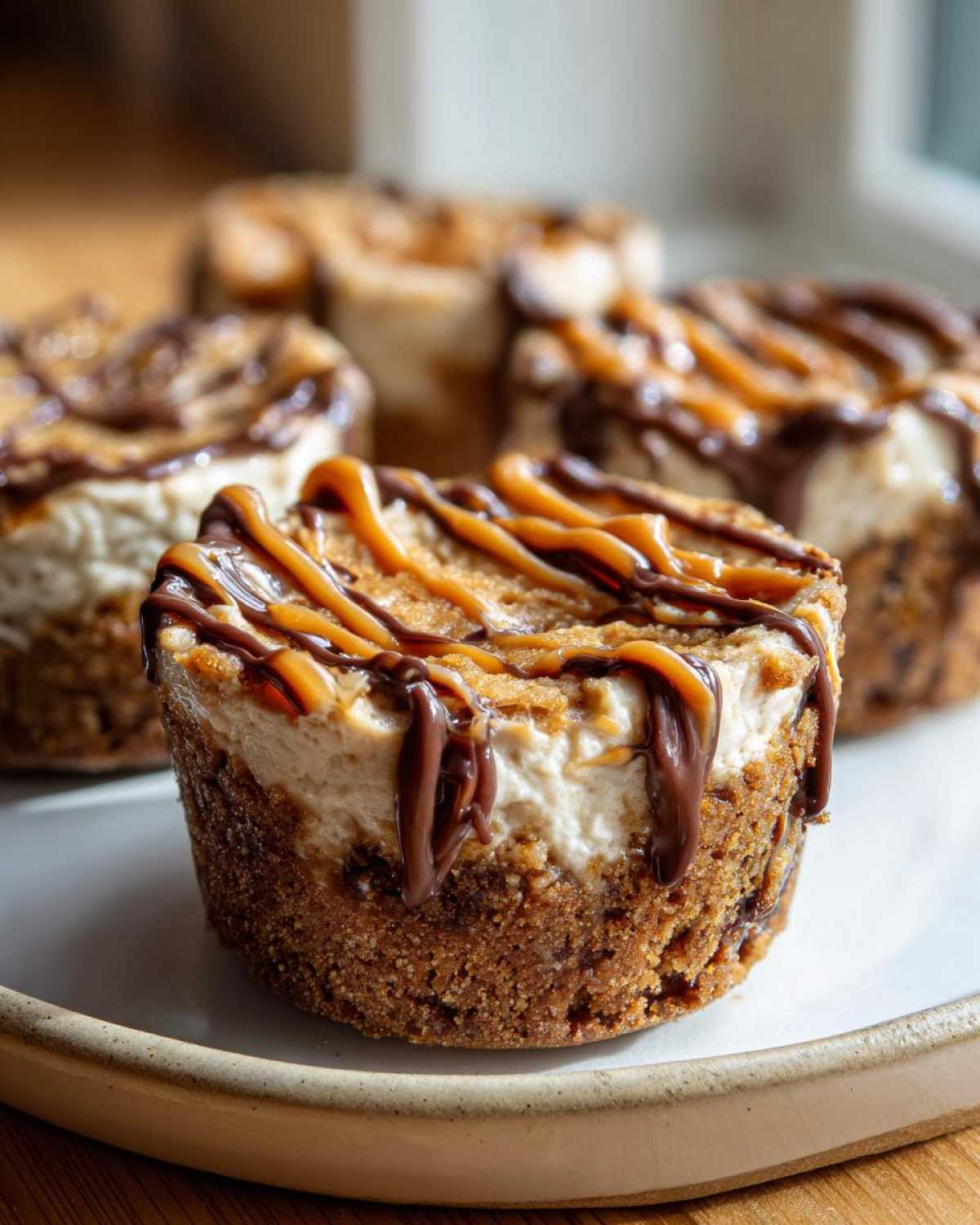 A close-up of one cookie butter cheesecake cup topped with caramel and chocolate drizzle, sitting on a plate.