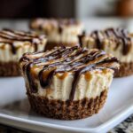 A close-up of one cookie butter cheesecake cup topped with caramel and chocolate drizzle, sitting on a white plate.