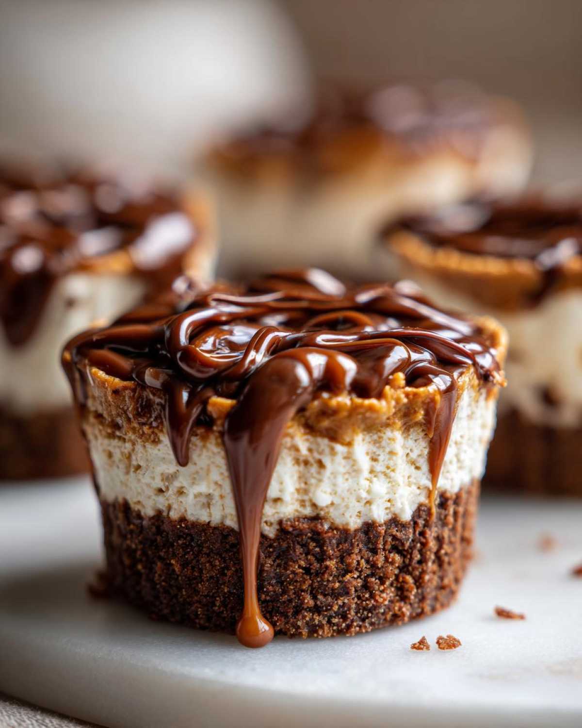 Close-up of a single cookie butter cheesecake cup topped with thick caramel drizzle.