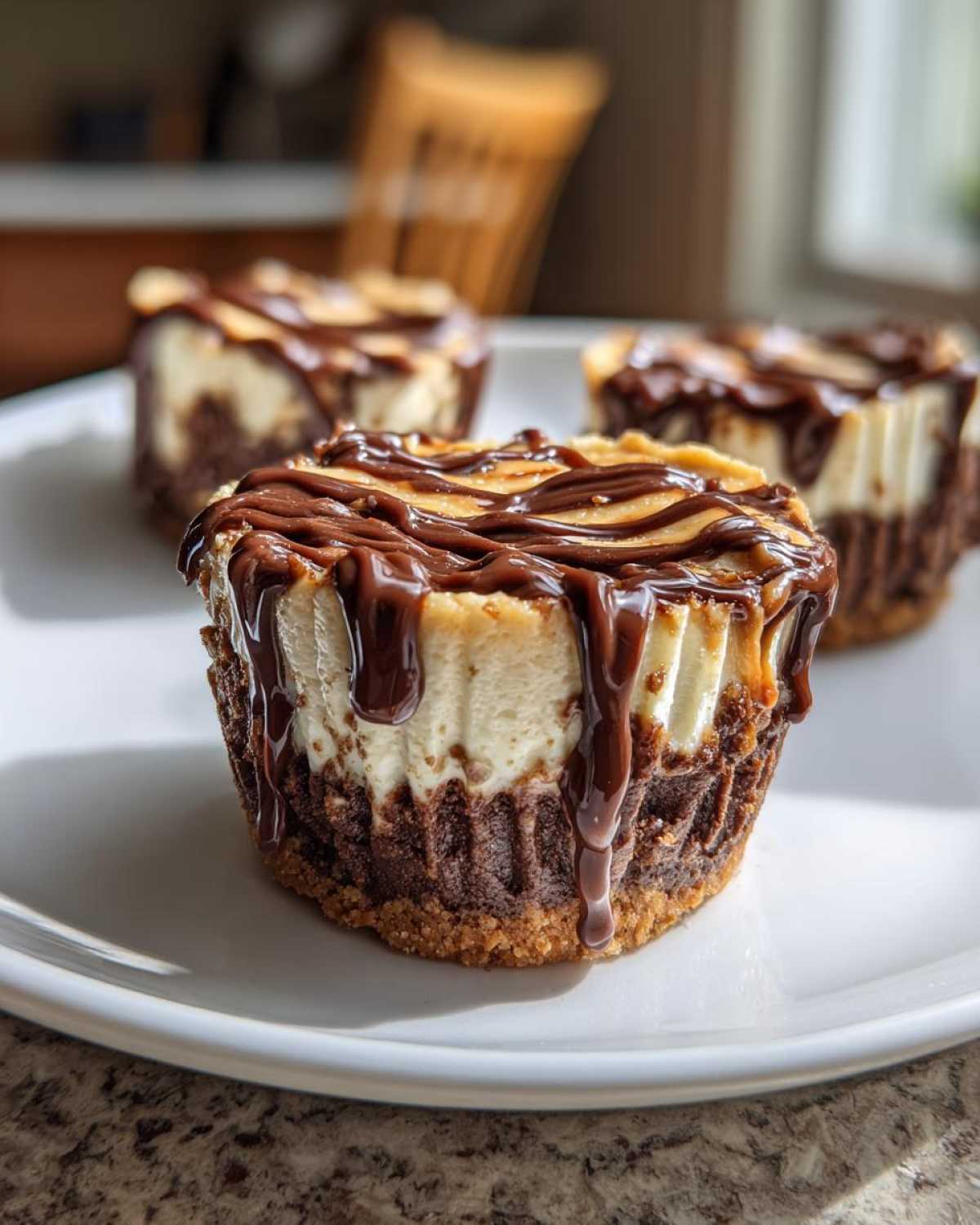 Close-up of a rich cookie butter cheesecake cup topped with chocolate and cookie butter drizzle.