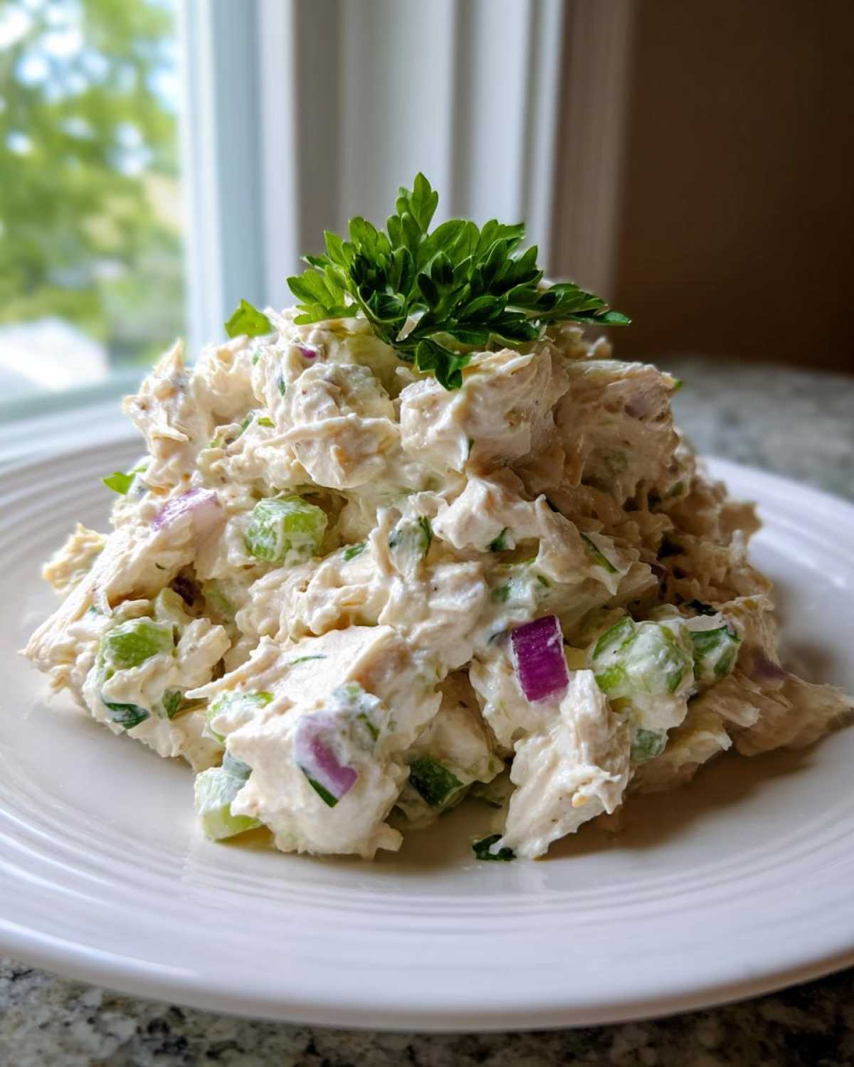 A mound of creamy cottage cheese chicken salad mixed with celery and red onion, topped with fresh parsley.