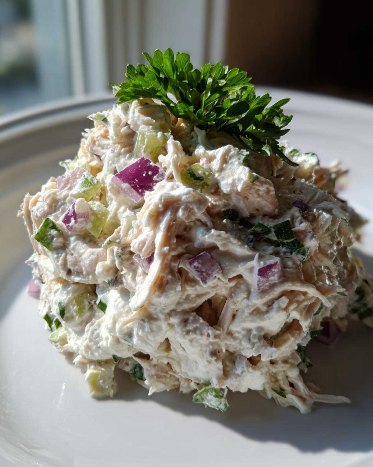 A mound of creamy cottage cheese chicken salad mixed with red onion and celery, topped with fresh parsley.