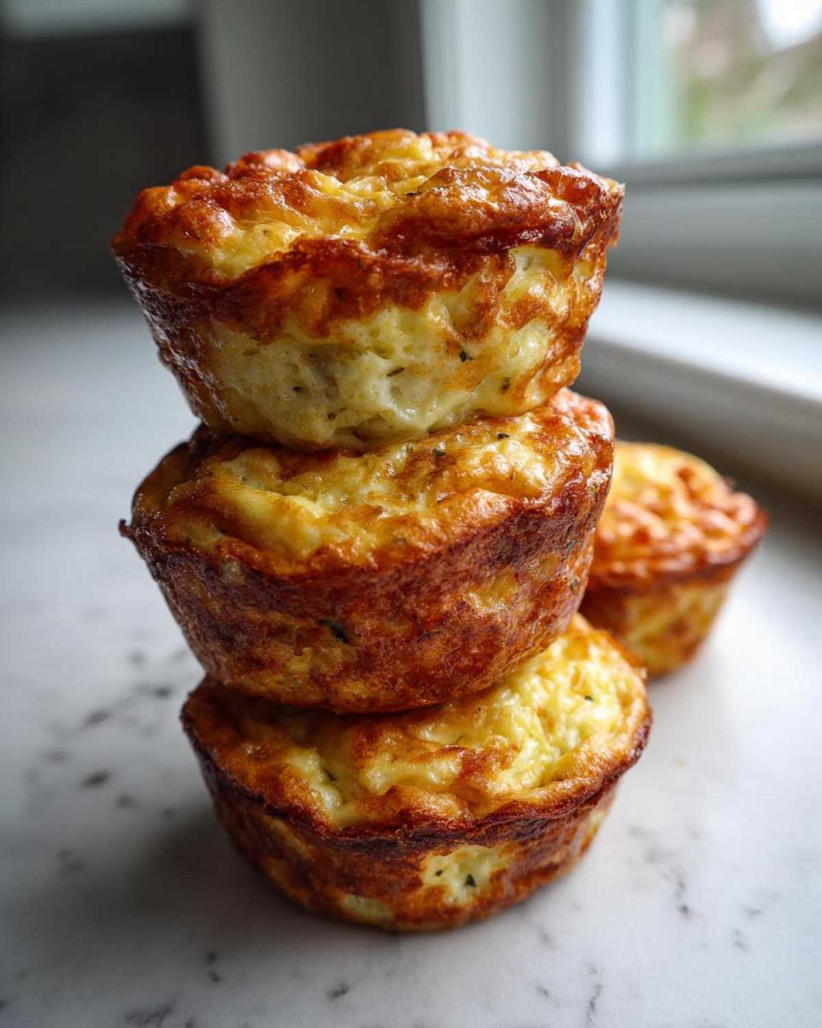 Three golden-brown cottage cheese egg cups stacked vertically on a marble surface, resembling Starbucks egg bites.