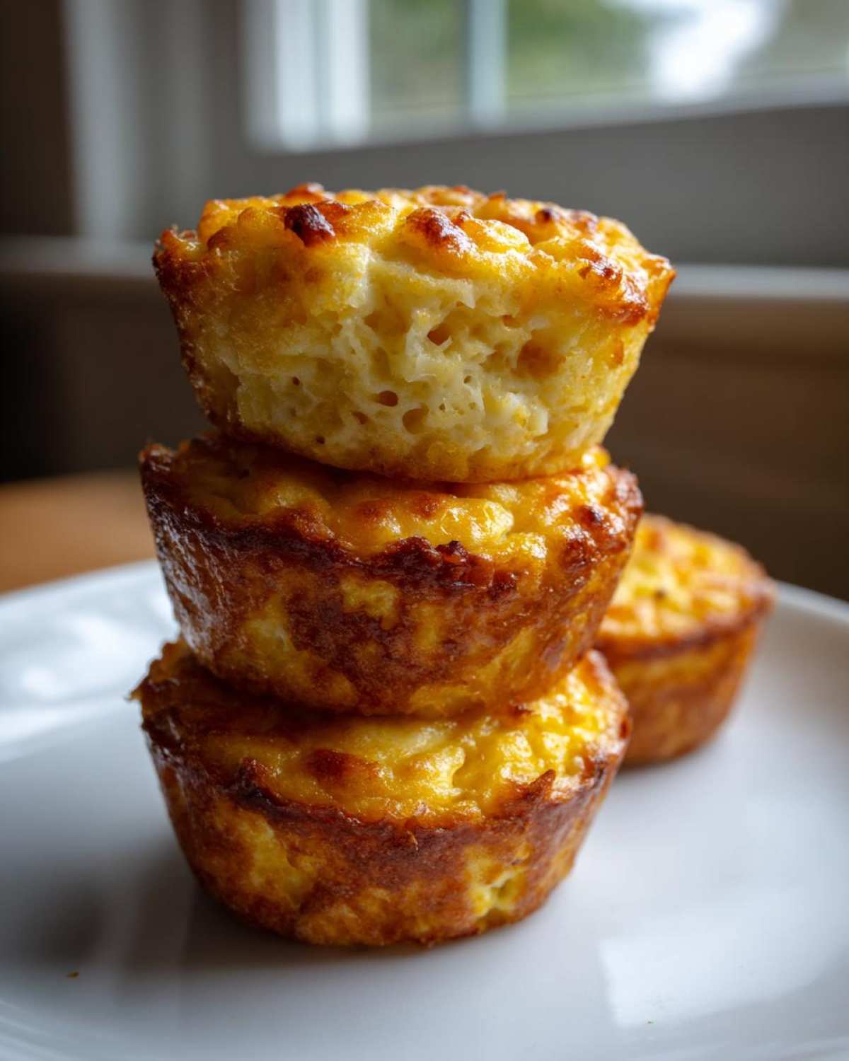 A stack of three golden brown cottage cheese egg cups, similar to Starbucks style, on a white plate.