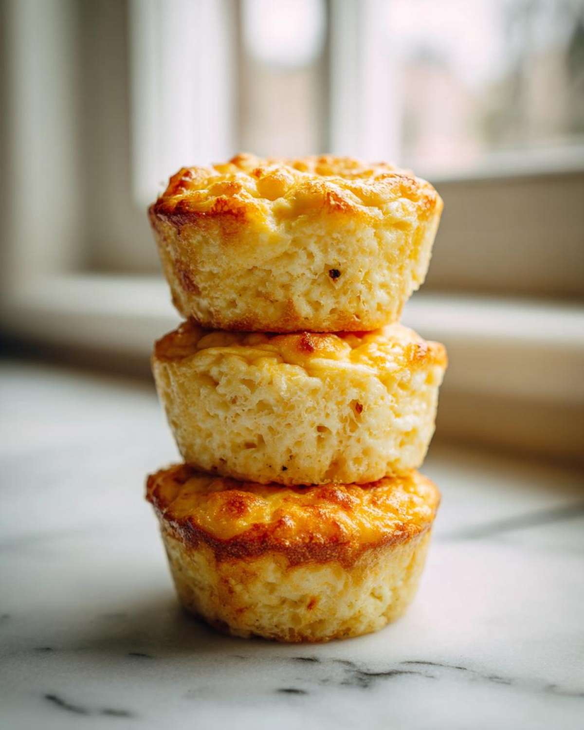 A vertical stack of three golden-brown cottage cheese egg cups, resembling the Starbucks version, on a white marble surface.