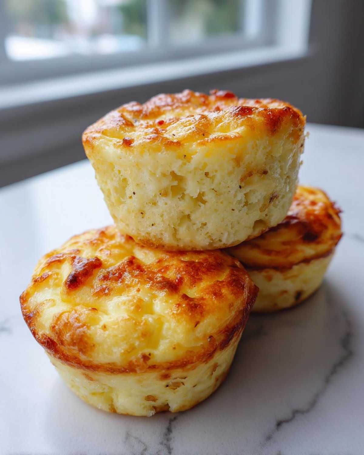 Three golden-brown cottage cheese egg cups starbucks style stacked on a white marble surface.
