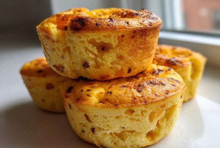 A close-up stack of three golden brown cottage cheese egg cups, similar to Starbucks style, ready to eat.