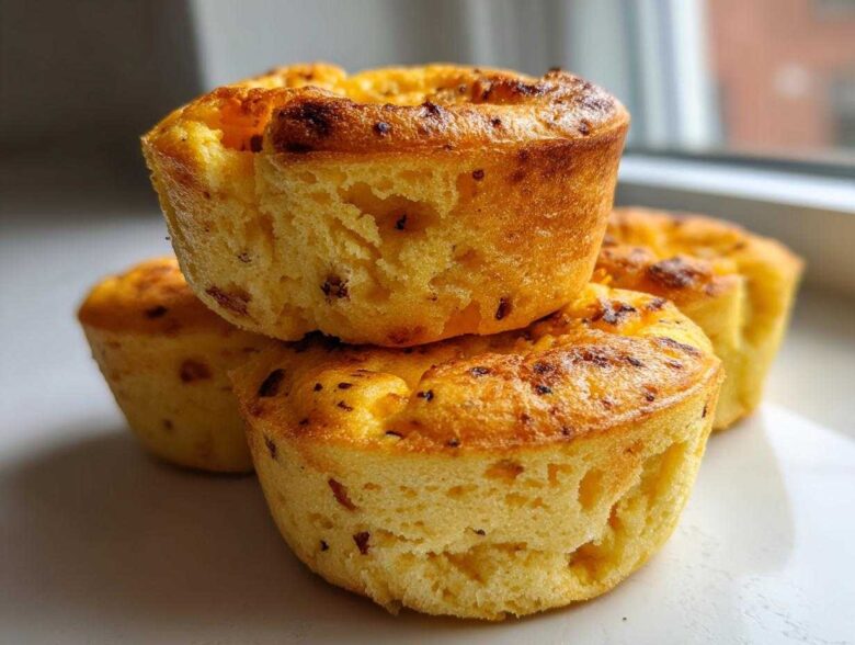 A close-up stack of three golden brown cottage cheese egg cups, similar to Starbucks style, ready to eat.