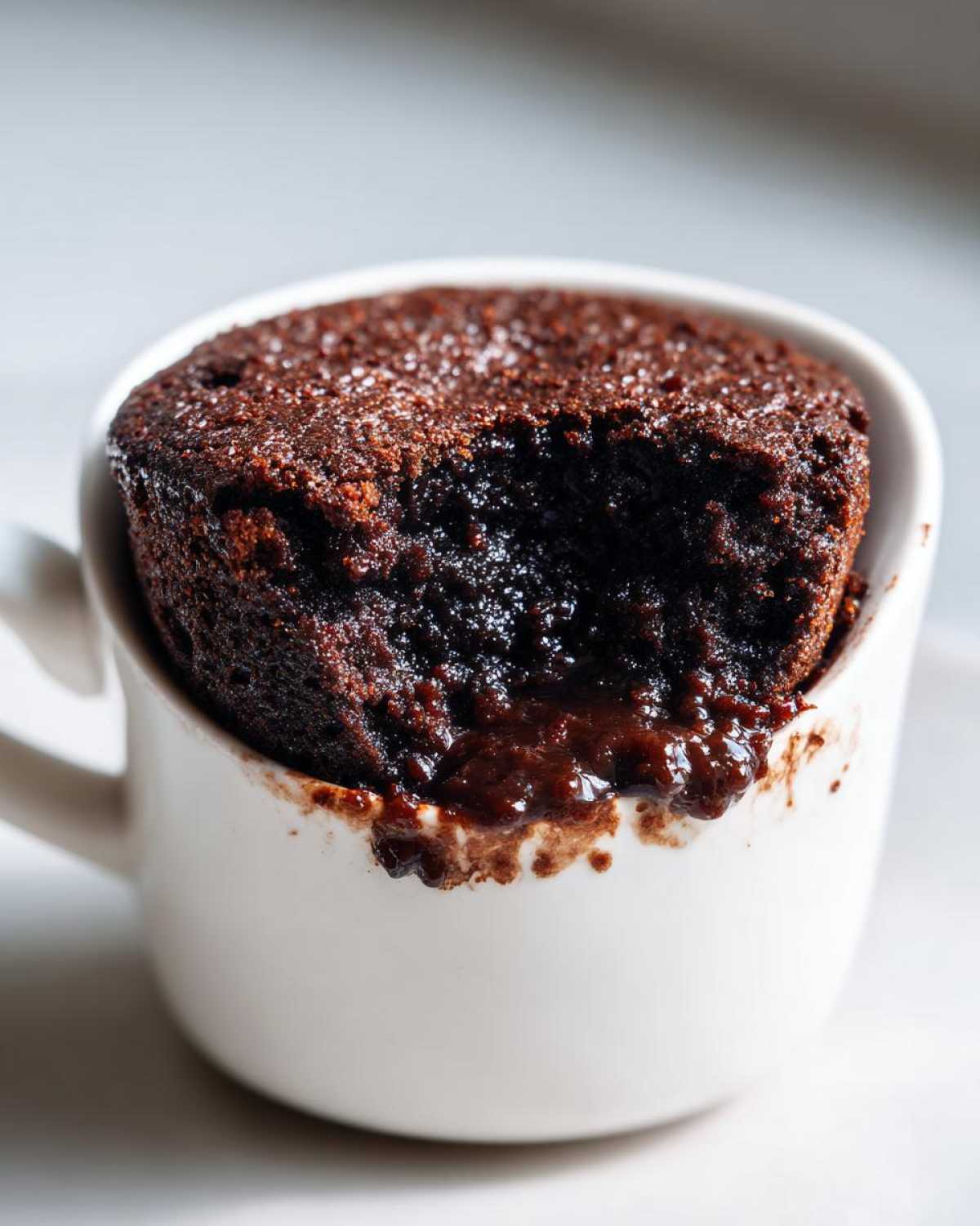 Close-up of a rich, dark Cottage Cheese Microwave Brownie with a molten center spilling over a white mug.