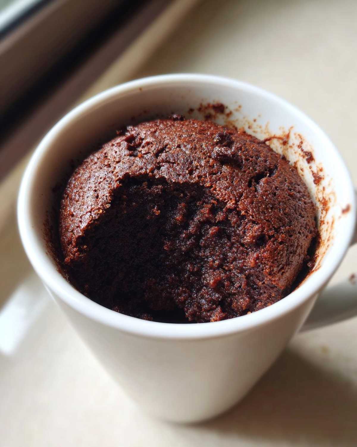 Close-up of a rich, dark chocolate Cottage Cheese Microwave Brownie baked inside a white ceramic mug.