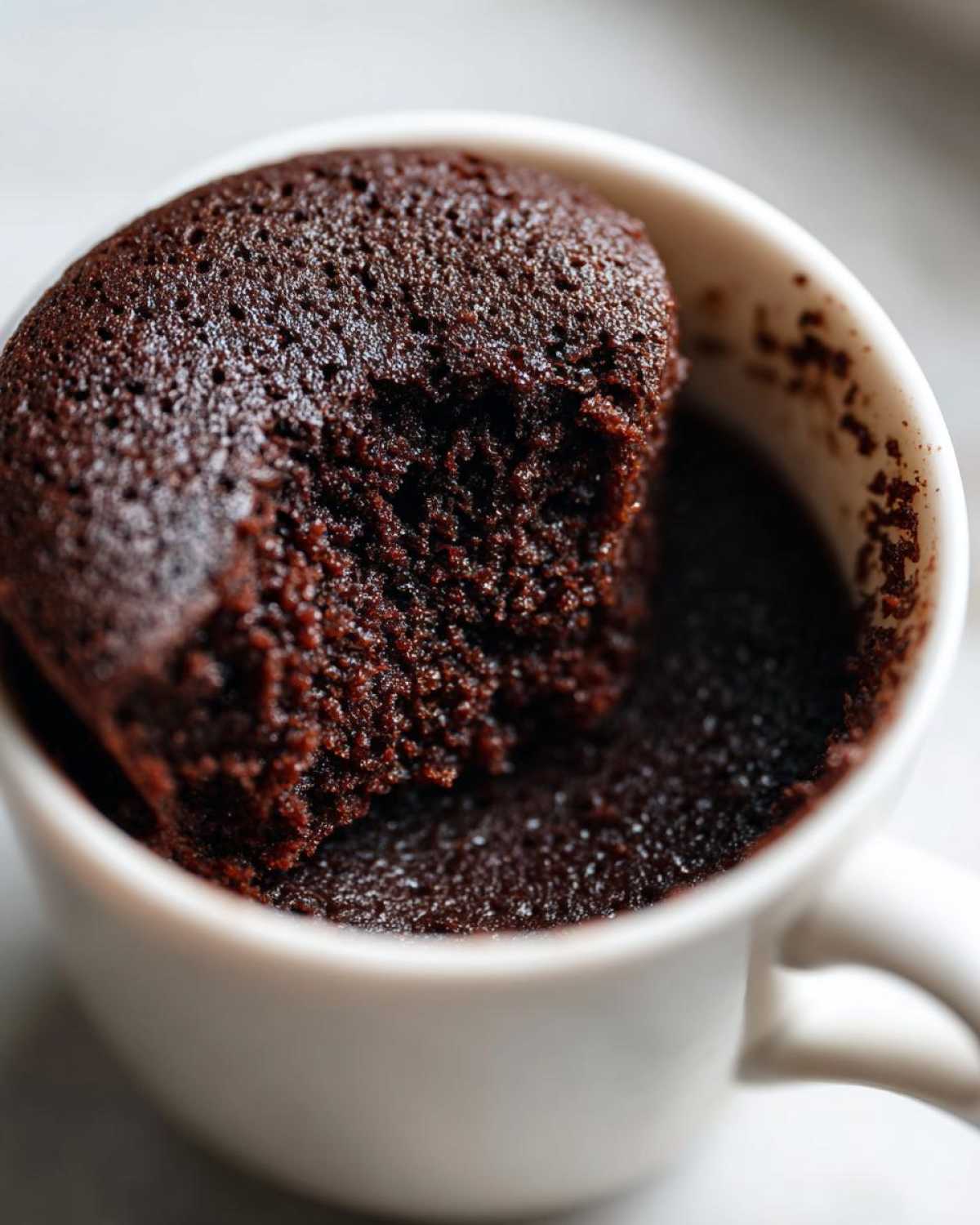 Close-up of a rich, dark chocolate Cottage Cheese Microwave Brownie with a bite taken out, served in a white mug.