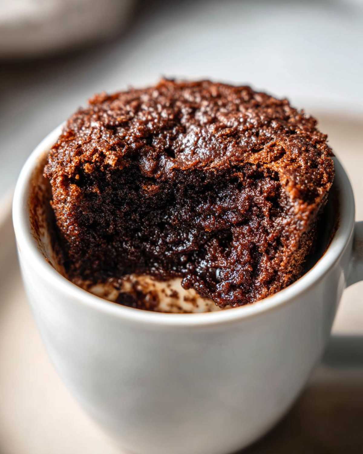 Close-up of a rich, dark chocolate Cottage Cheese Microwave Brownie baked inside a white mug.