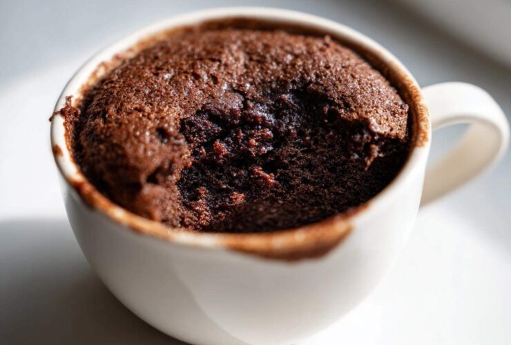 Close-up of a rich, dark chocolate Cottage Cheese Microwave Brownie baked in a white mug.