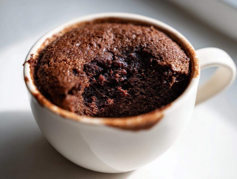 Close-up of a rich, dark chocolate Cottage Cheese Microwave Brownie baked in a white mug.