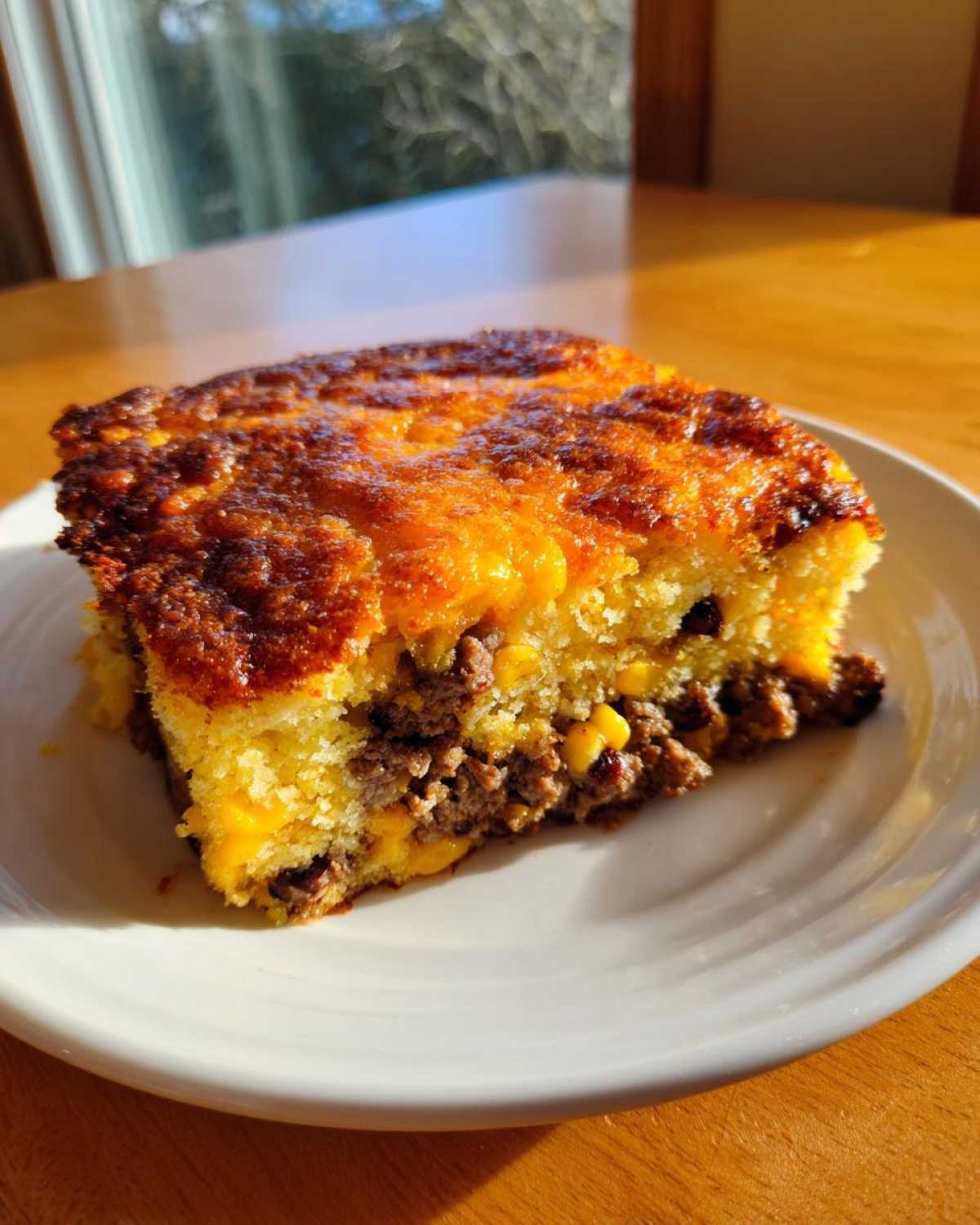 A hearty slice of cowboy cornbread casserole with ground beef, corn, and a cheesy, browned top.