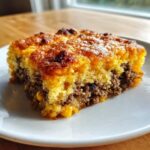 A close-up of a serving of cowboy cornbread casserole showing the savory meat filling and golden cornbread topping.