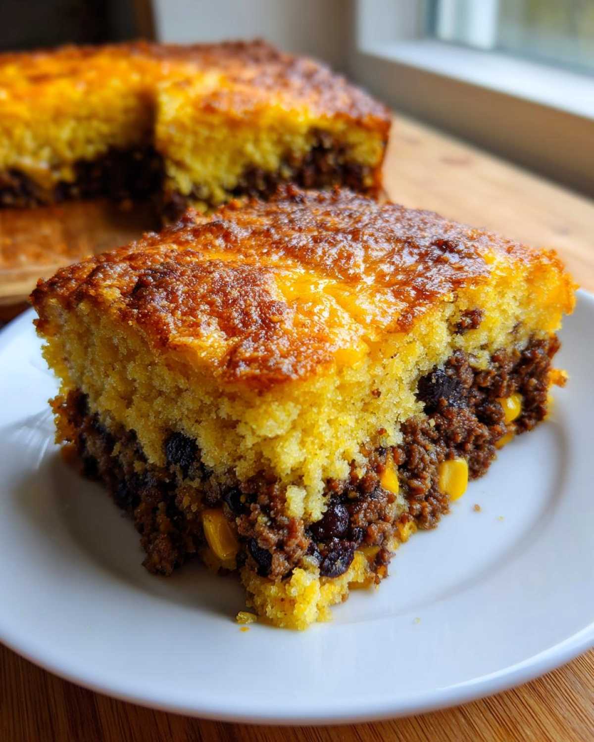 A close-up of a square slice of cowboy cornbread casserole showing the golden cornbread top and savory meat and corn filling.
