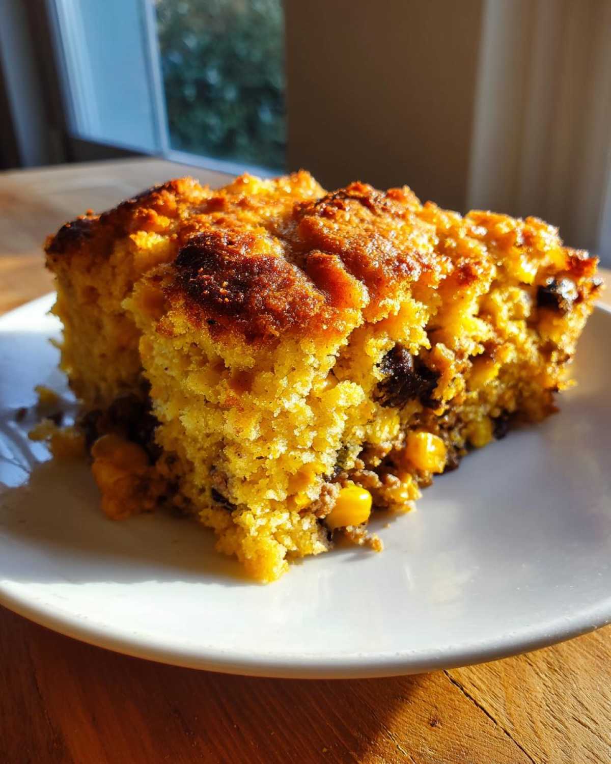 A close-up slice of moist cowboy cornbread casserole showing corn and meat filling on a white plate.