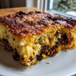 Close-up of a square slice of cowboy cornbread casserole showing the yellow cornbread and dark filling.