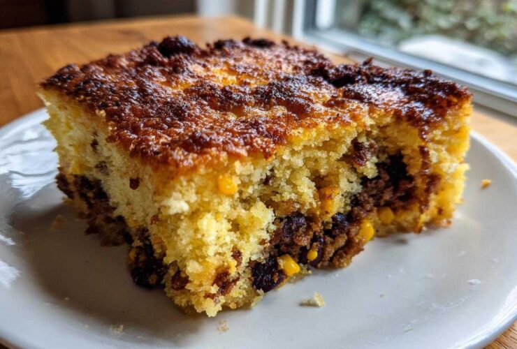 Close-up of a square slice of cowboy cornbread casserole showing the yellow cornbread and dark filling.