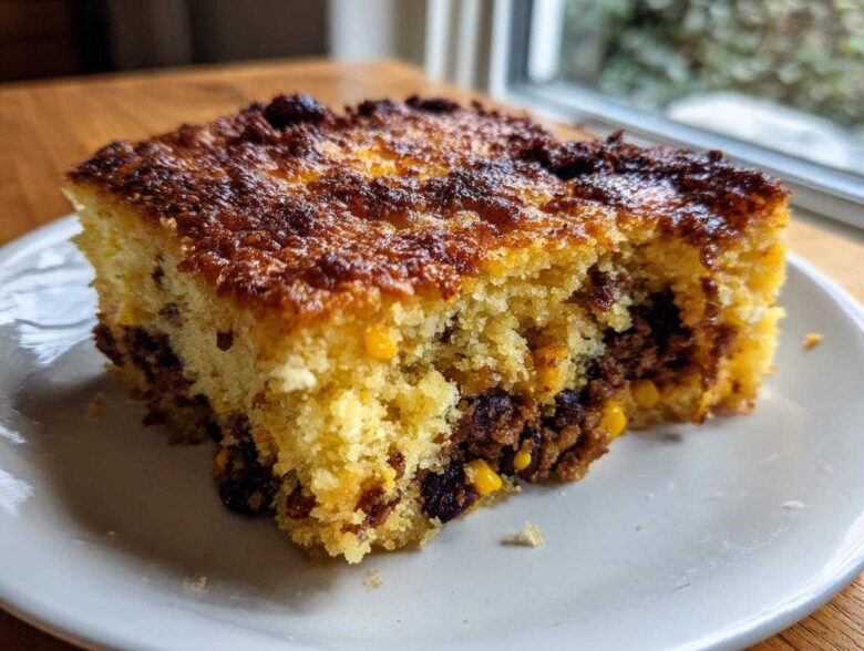 Close-up of a square slice of cowboy cornbread casserole showing the yellow cornbread and dark filling.